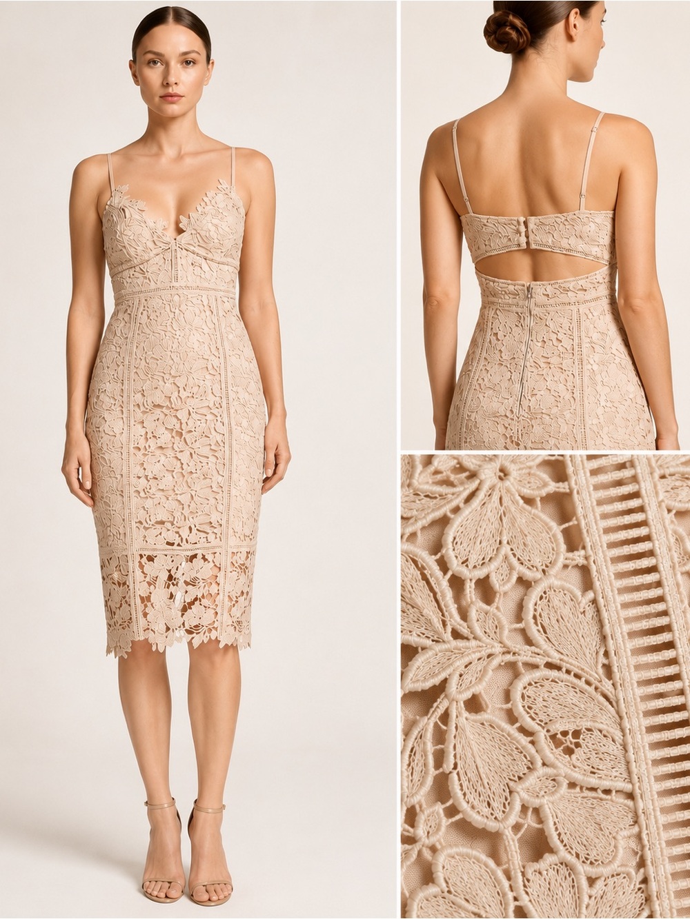 Bardot Nude Floral Lace Midi Dress 10 Open Back Cocktail Autumn Wedding Guest